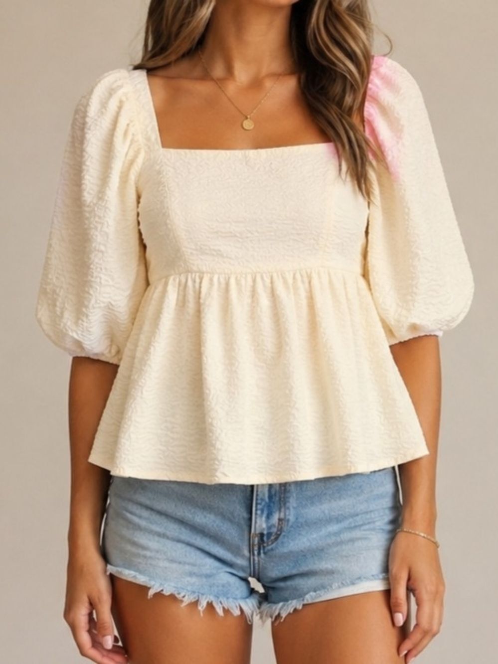TCEC Textured Cream Peplum Blouse Medium Puff Sleeve Square Neck Cottagecore Top